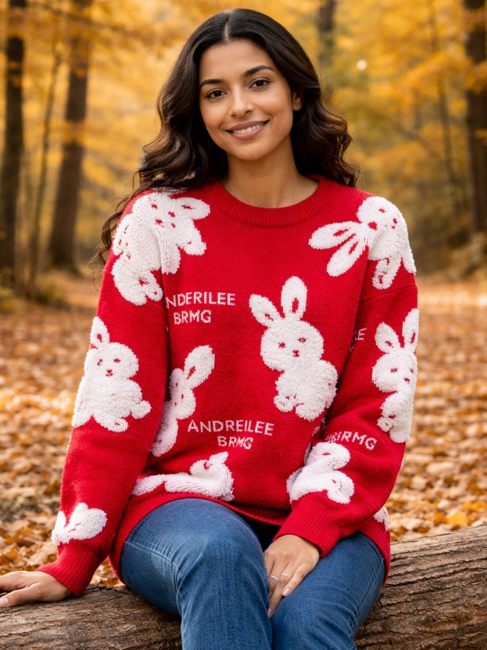 ANDREILEE RED BUNNY KNIT SWEATER WOMEN PULLOVER
